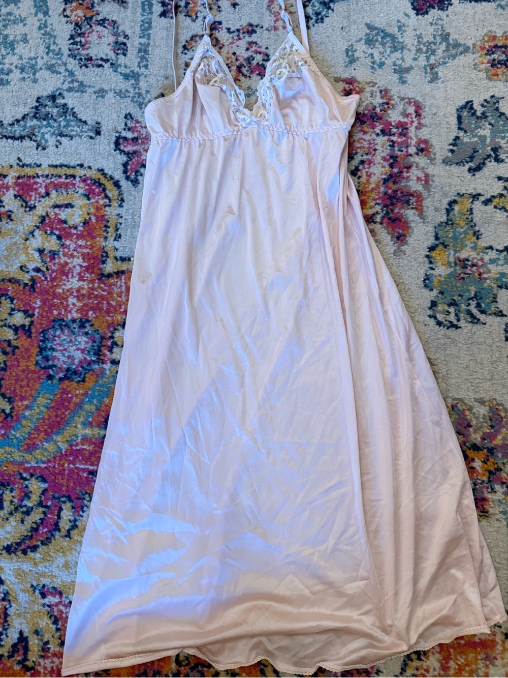 Vintage Light Pink Lace-Trim Nightgown silk like slip